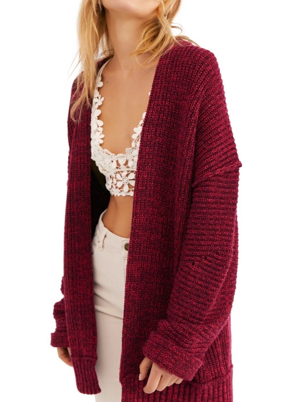 Free People Wine Red Open-Front Chunky Knit Cardigan